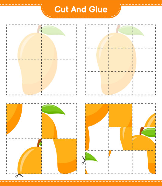 把芒果切下来粘在一起。教育儿童游戏，可打印的工作表，矢量插图图片下载