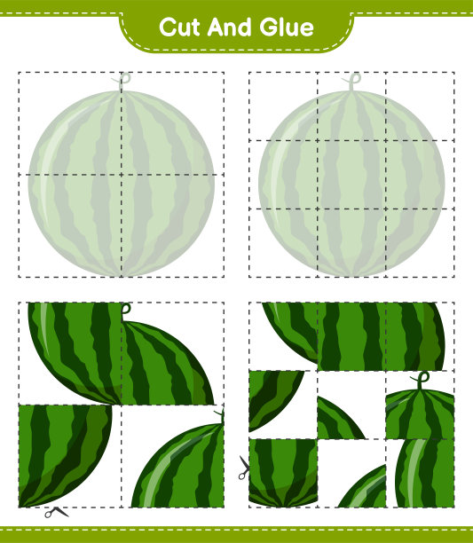 把西瓜切成小块粘在一起。教育儿童游戏，可打印的工作表，矢量插图图片下载