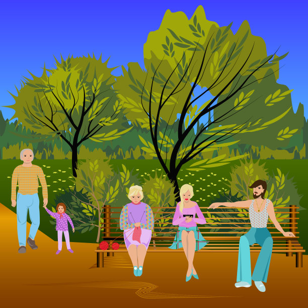 人们一起在公园里散步和放松。坐在长凳上。家庭度假。在夏天。矢量插图。图片下载