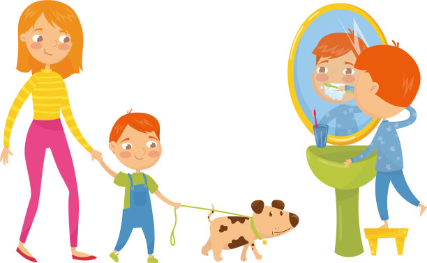 小男孩和妈妈一起遛狗和刷牙图片下载
