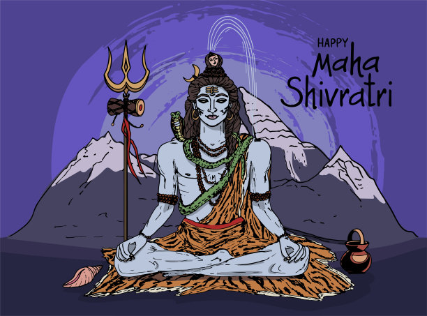贺卡上写着“祝你快乐，玛哈希弗瑞”。湿婆神。马哈德夫，饰以菩提珠。三舒拉，达马鲁，冈仁波齐山。图片下载