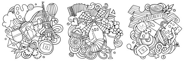 法国卡通矢量涂鸦设计集。图片下载