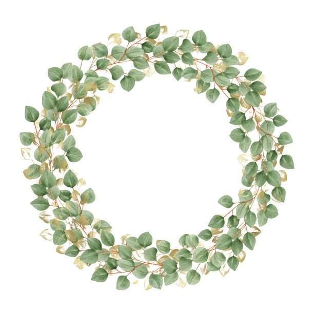 水彩桉树花环与绿色和金色的叶子孤立在白色的背景，手绘。适用于婚礼请柬、纺织品、贺卡、升华设计、包装。图片下载