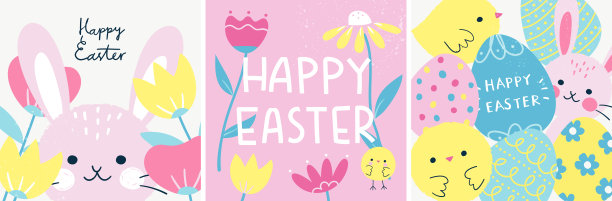 复活节快乐!一套3个方形贺卡或横幅模板，以庆祝春节。图片下载