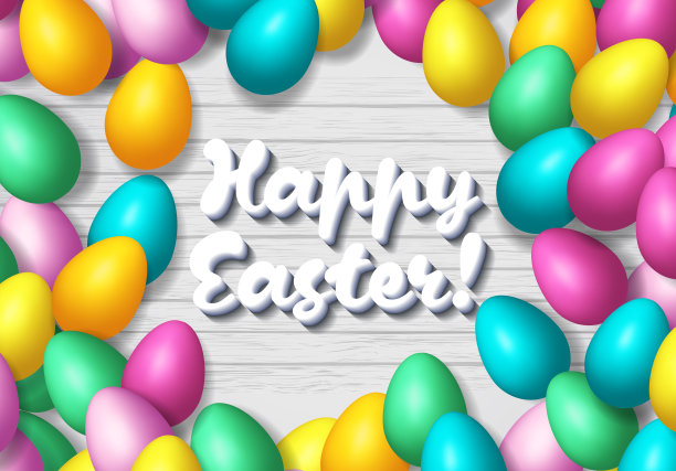 复活节框架与闪亮的彩色快乐蛋散布在木制背景图片下载