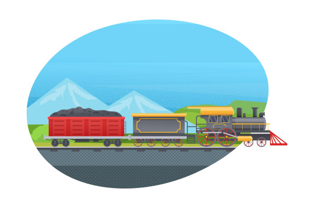 复古货车，坦克。以铁路运输机车为背景的山地景观矢量图片下载