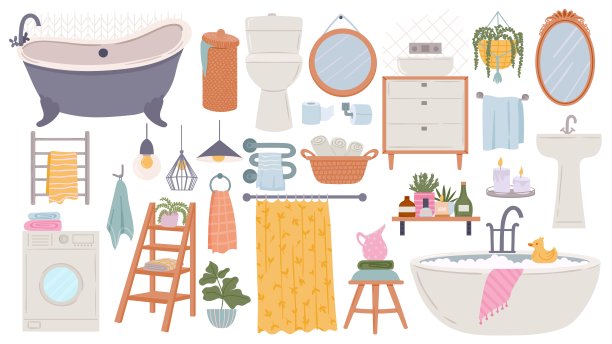 浴室家具。现代斯堪的纳维亚式浴缸、水槽和马桶。平hygge浴室内部元素，毛巾，镜子和洗衣机，向量集图片下载