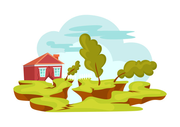 自然灾害地震。地震时房屋破裂，大地被震得粉碎。灾难，灾难，自然的破坏和环境的破坏卡通向量图片下载