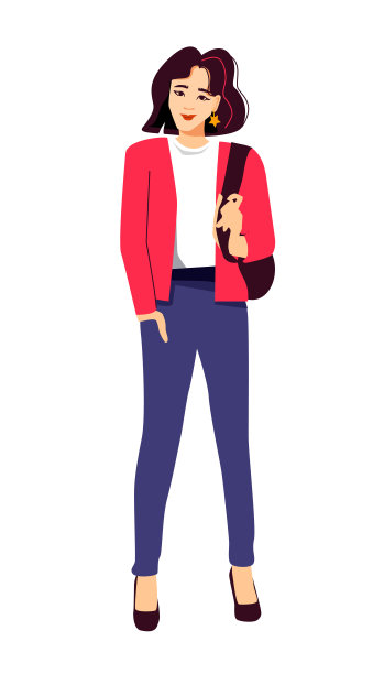 年轻漂亮的苗条时尚的现代亚洲女学生在紧身牛仔裤，白色t恤和夹克，短头发与彩色线，背包。平面矢量插图孤立在白色背景上。图片下载