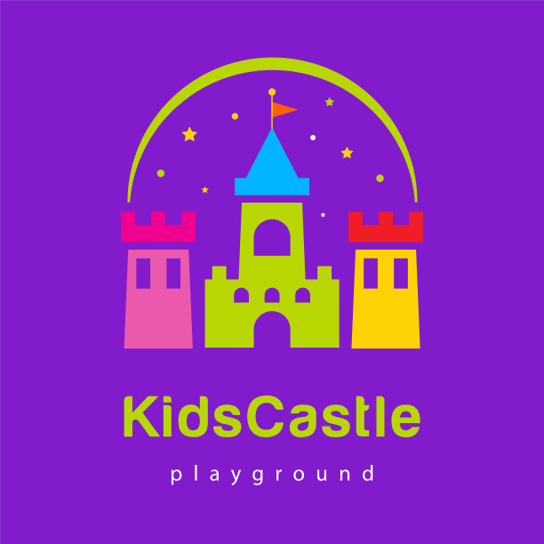 摘要儿童乐园标志、儿童区图标、国王城堡标志、带有彩虹的堡垒标志。模板鲜明的标志儿童俱乐部，商店，木制玩具商店，儿童游戏，婴儿中心或公园。向量图片下载
