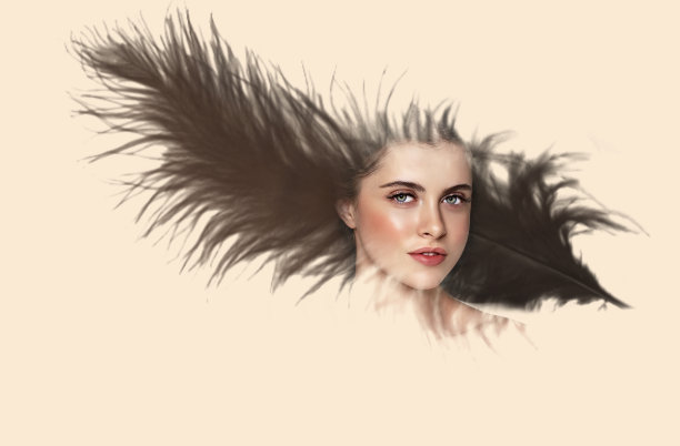 一个漂亮的黑发女孩的肖像出现在羽毛图像中图片下载