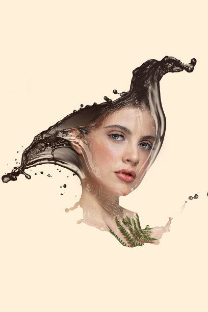 一个美丽的黑发女孩的倒影在水花在米色的背景。图片下载