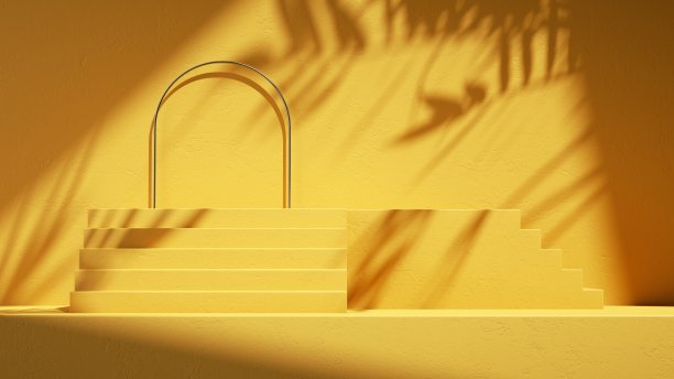 3d渲染，抽象的阳光黄色背景与拱门，台阶，棕榈叶阴影和明亮的阳光。化妆产品展示的最小展示场景图片下载