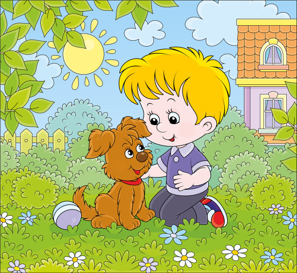 一个小男孩和一只小狗在草坪上图片下载