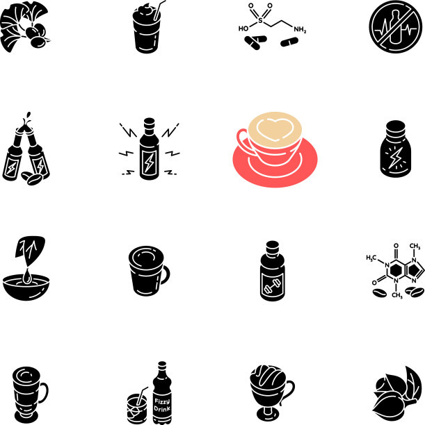 能量饮料和咖啡因黑色象形文字图标集图片下载