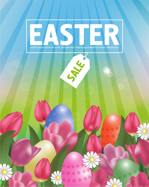 带有郁金香和彩蛋的复活节促销海报图片下载