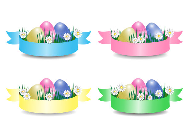 复活节彩蛋用草、花和丝带装饰春天图片下载