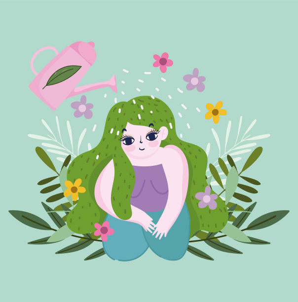 快乐的花园浇水壶把水倒在女孩身上图片下载