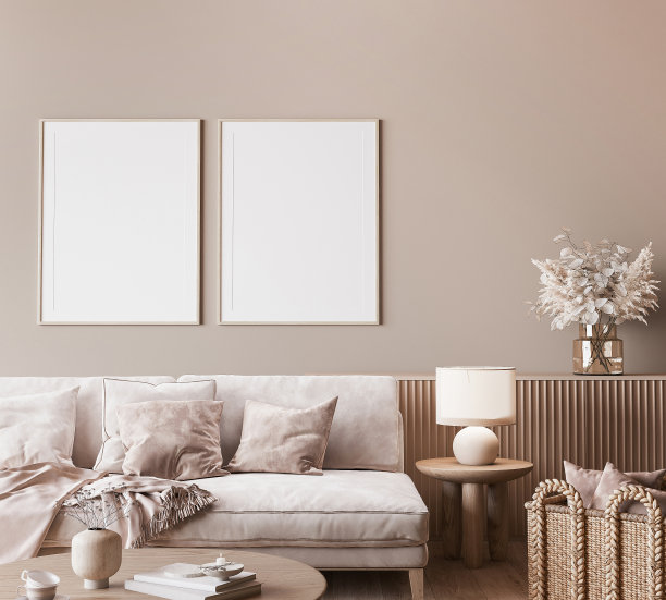 模拟框架在现代室内背景，中性木质客厅与干植物和家庭装饰图片下载