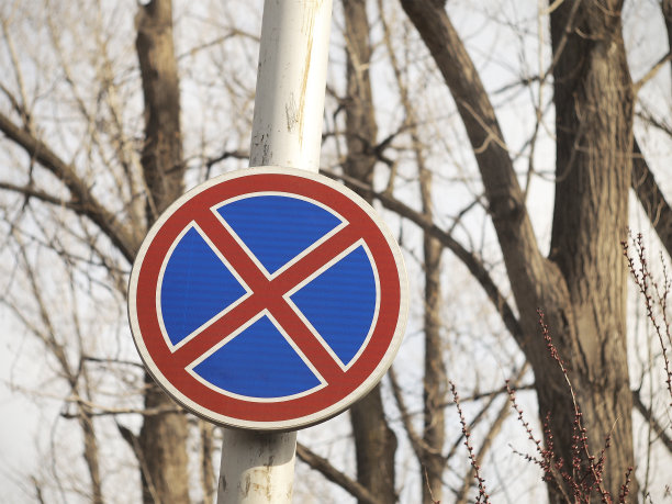 背景是光秃秃的树木的路标图片下载