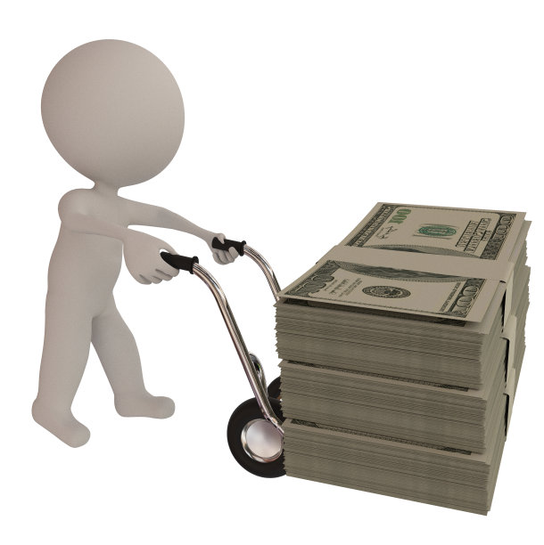 载着钱，美元在电车3d白色字符孤立转移- 3d渲染图片下载