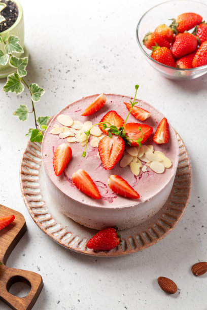 生素食草莓蛋糕，不含麸质，鸡蛋和糖，以高角度拍摄图片下载