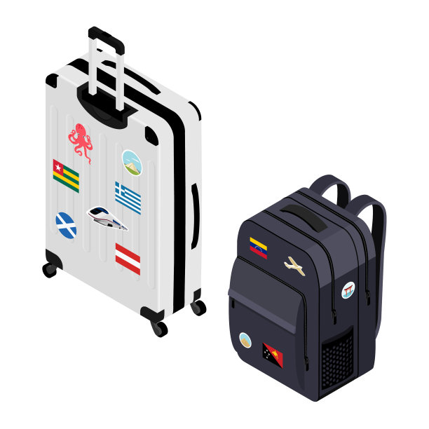 带轮子的行李箱和背包的等距视图图片下载