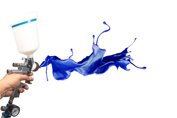 模糊的背景喷漆图像画家的手臂手持工业尺寸的喷枪用于工业喷漆和涂料，孤立在白色背景剪贴部分图片下载