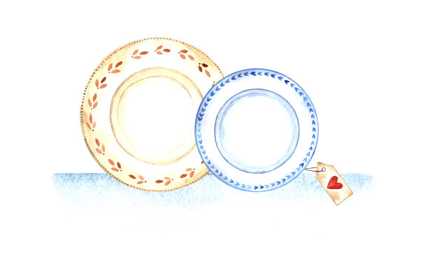 一套米色和蓝色的盘子，餐具为家，单一元素上的白色背景图片下载