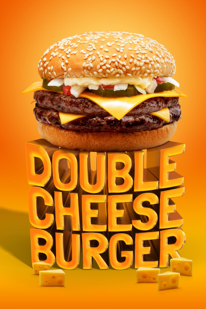 美味的双层奶酪牛肉汉堡由小圆面包、肉饼、泡菜、洋葱、蛋黄酱、番茄酱、切达奶酪和生菜组成，黄色背景上有现代快餐的交互式3D文本图片下载