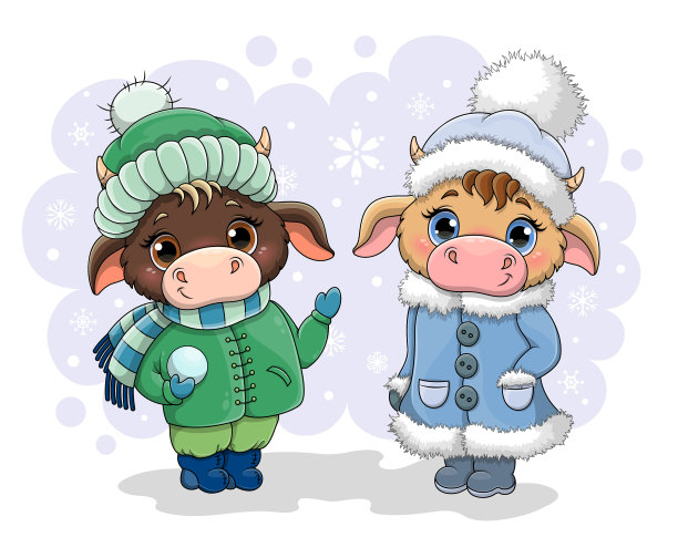 两只穿着冬装的可爱的小奶牛图片下载
