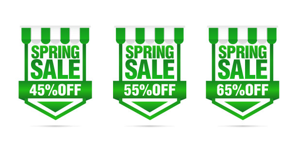 购物出售。一套春季特价绿色徽章，折扣45%，55%，65%图片下载