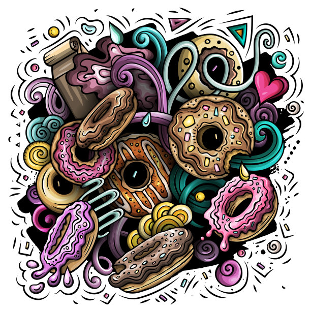 甜甜圈手绘矢量涂鸦插图。图片下载