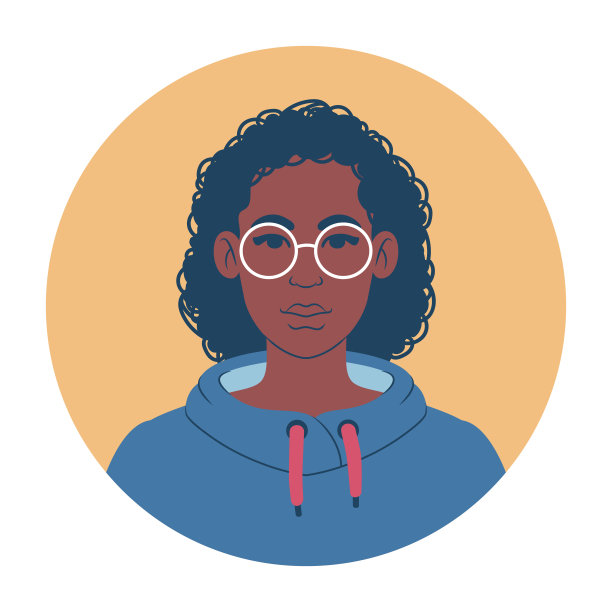 一个年轻的非洲妇女的肖像穿着一件色彩鲜艳的帽衫，戴着眼镜。卡通少年阿凡达。平面插画风格。图片下载