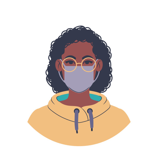 一名年轻的非洲妇女的肖像，穿着色彩鲜艳的帽衫，戴着眼镜和面具。卡通少年阿凡达。平面插画风格。图片下载