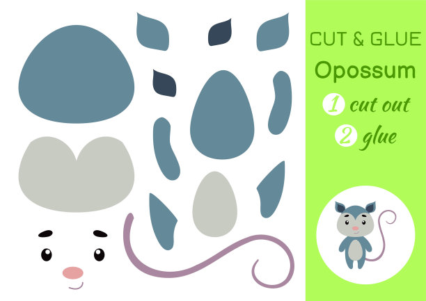 切小负鼠，粘纸。儿童手工活动页面。学龄前儿童的教育游戏。DIY工作表。儿童艺术游戏和活动拼图。矢量插图。图片下载