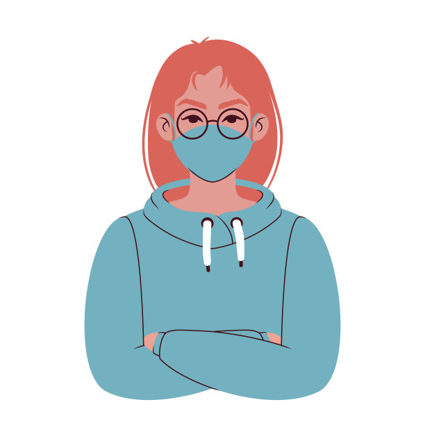 一个年轻的白人妇女的肖像穿着彩色帽衫戴着眼镜和面具。卡通少年阿凡达。平面插画风格。图片下载