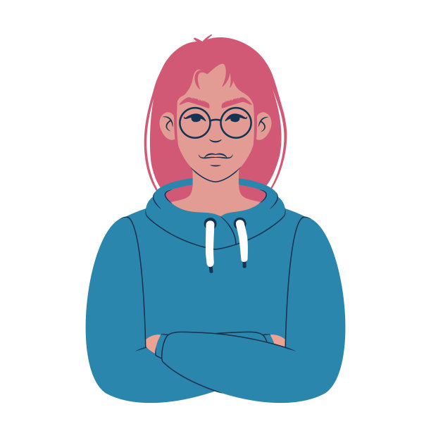 一个穿着彩色连帽衫戴着眼镜的年轻白人女人的肖像。卡通少年阿凡达。平面插画风格。图片下载