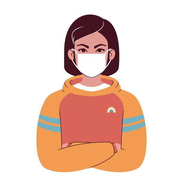 一个年轻的白人妇女的肖像穿着彩色帽衫戴着面具。卡通少年阿凡达。平面插画风格。图片下载