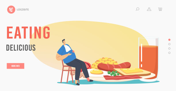 美味的饮食登陆页面模板。男性角色坐在一个大盘子前，吃着传统英式的全煎早餐图片下载