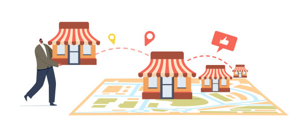 特许经营业务的概念。在大地图上放置小亭。商人开办小型企业扩张图片下载