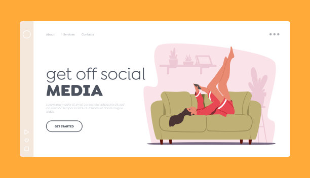 小工具通信登录页面模板。轻松的女性角色躺在家里的沙发上看着屏幕图片下载