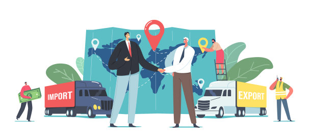 货物进出口，物流概念。商业伙伴人物在货运卡车和巨大地图附近握手图片下载
