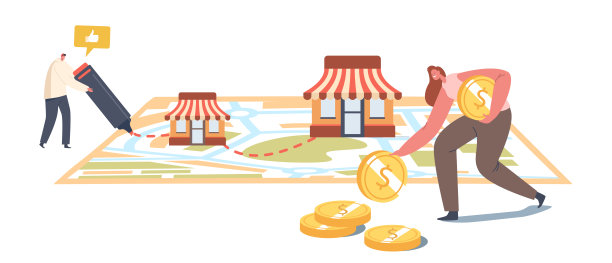 特许经营、中小企业发展、特许经营。中小企业扩张概念。地图上的男性人物画图片下载