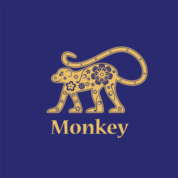 猴子。中国占星2028年。花的黄金饰品。动物的象征。图片下载