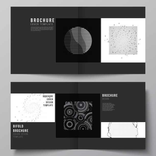 矢量布局的两个封面模板为方形双折宣传册、传单、封面设计、书籍设计、宣传册封面。摘要技术黑色色彩科学背景。数字数据可视化。图片下载