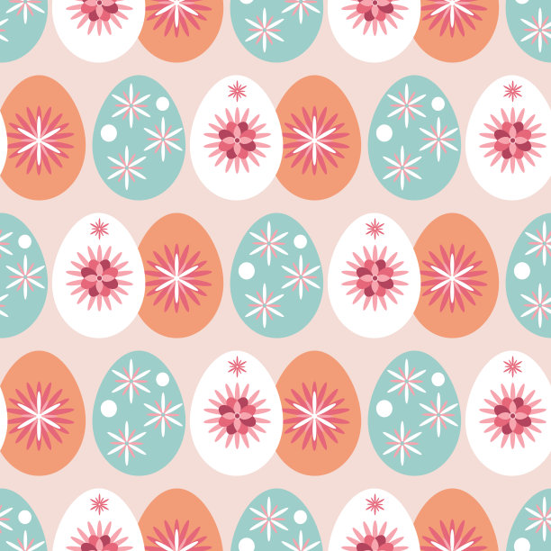 复活节快乐。美丽的节日无缝图案有复活节彩蛋、春日草甸鲜花。图片下载