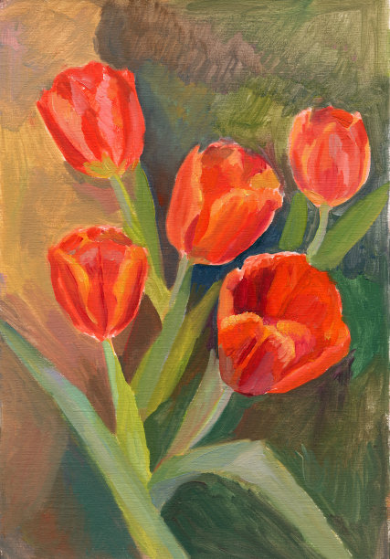 红色郁金香画，花郁金香油数码打印图片下载