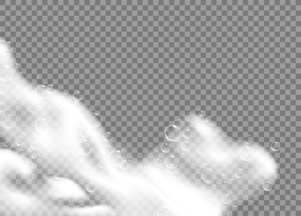 现实背景与肥皂泡沫。洗澡水有白色气泡，洗发皂有干净气泡，洗发清洁剂有光泽。网纹透明背景图片下载