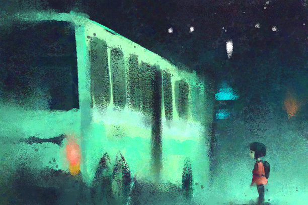 数字水彩画一套女孩独自夜镇。图片下载